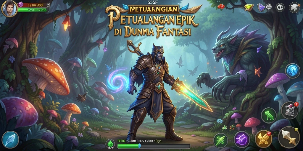 Tampilan utama gameplay 555F yang menampilkan aksi mendebarkan di dunia fantasi.