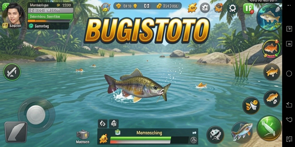 Tampilan gameplay BUGISTOTO dengan suasana memancing yang menakjubkan.