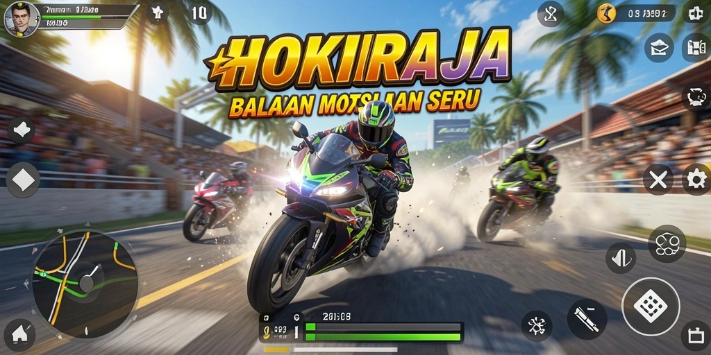 Screenshot menunjukkan balapan motor seru di berbagai lintasan menantang.