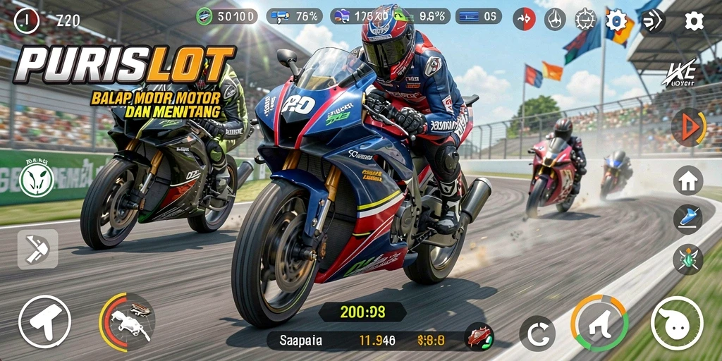 Gameplay seru PURISLOT dengan balapan motor yang menantang.
