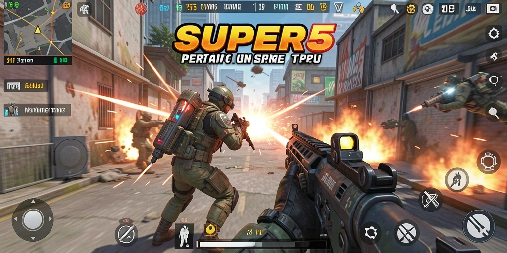 Tampilan gameplay seru dari SUPER5 dalam pertempuran TPS.